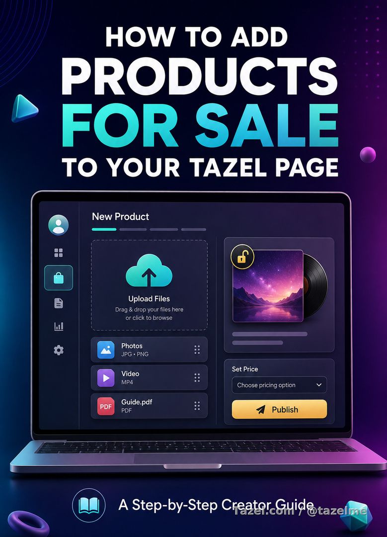 How to Add Products for Sale to Your Tazel.com Page

Selling photos, videos, PDFs, and other digital content on Tazel is simple. Follow these steps to create a post, attach your product files, set a price, and publish it to your page.

Click on this link for this guide: 

https://tazelme.com/how-to-add-products-for-sale-to-your-tazel-com-page/

