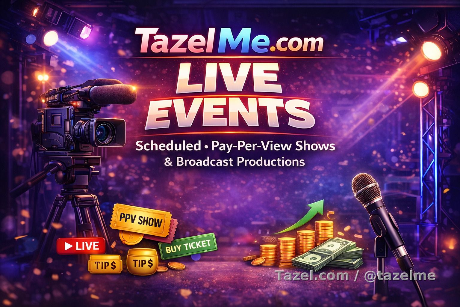 Tazel Live Events
Scheduled Events • Pay-Per-View Shows • Broadcast Productions
What Are Live Events?
Tazel Live Events allow creators to host exclusive, ticketed live broadcasts at a specific date and time. Set up your show. Sell tickets. Go live. Multiply your earnings.
Live video broadcast
Voice-only option (disable camera)
Audience text messaging
Live tipping enabled
Events operate as a one-to-many broadcast channel:
You are the featured performer
They can see and hear you
You do not see or hear them
You respond to audience messages live
Why Creators Use Live Events
Private sessions are one-on-one. Live Events multiply your income. Example: 25 attendees × $40 ticket = $1,000 for one show.
Host themed productions
Launch premium content
Create immersive experiences
Teach or demonstrate
Perform exclusive shows
Run limited-access VIP events
Scale revenue instantly
How It Works
Creators Can:
Set event title and theme
Choose date and time (Eastern USA)
Select duration
Set ticket price
Upload event cover art
Schedule announcement post
Broadcast live to paid attendees
Customers Can:
Browse upcoming events
Buy tickets in advance
Join when the event begins
Purchase tickets during the show (if available)
Send text messages
Tip during the event
Important Policies
If the creator does not show up → All tickets are refunded
If a customer does not attend → No refund is issued
If the creator cancels → All tickets are refunded
Earnings are released after successful event completion
Professionalism matters. Deliver what you advertise.
Production Tips
Use a tripod or stabilizer
Improve lighting quality
Maintain clear audio
Have someone read audience messages
Respond to viewers during the broadcast
Think of it as your own mini broadcast studio. You are the host. Your audience is your paying crowd.
How To Create a Live Event
Step 1 — Log In
Log into your Tazel creator account.
Step 2 — Go to Profile
Click Profile in your navigation area. Click the circular “+” button and select Create Event.
Complete the Event Fields:
Event Title — Make it compelling
Add Files — Upload event cover art
Safe for Work — Leave OFF for adult content
Date — Select event date
Time — Eastern USA time
Duration — Choose available time block
Ticket Price — Select price option
Click Next. Schedule your announcement. Preview. Click Publish.
After the Event — Multiply Revenue
Record your event
Offer the replay as a paid post
Create teaser clips for promotion
Generate ticket revenue, tips, and replay sales
Live Events turn you into the star of your own stage. You control the show. You set the price. You keep the earnings. Your Space. Your Rules. Your Success.

The current version of this document is at https://tazelme.com/guide-to-live-events/