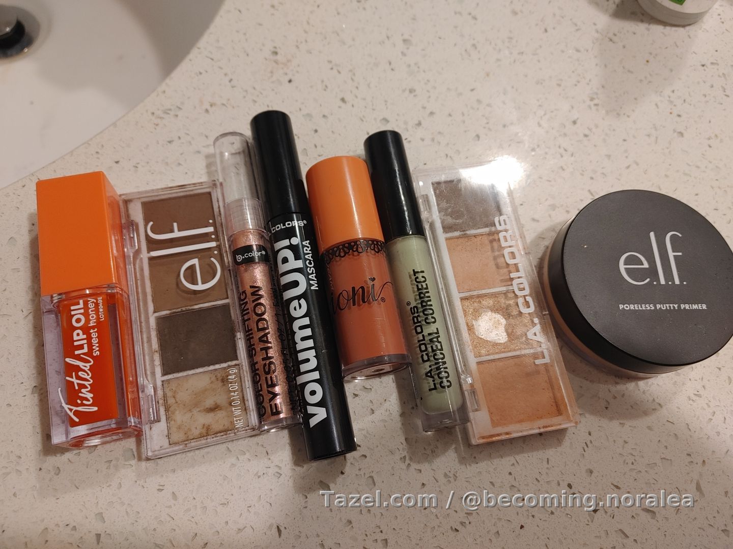 1. Ioni Tinted lip oil, sweet honey - this stuff lasts and it's so pretty, leaving me with wet pink lips!
2. Elf brows - this works, but I still think I need a lighter color.
3. b color liquid shadow color shifting shadow - this one works, the 