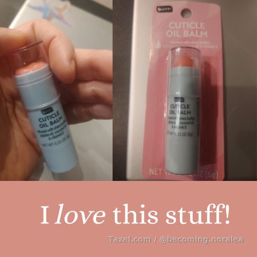 The b pure cuticle oil balm is lovely! I bought a second one a week after using it. It's so soft and glossy-lovely as you rub it in. It quickly absorbs, leaving everything soft and hydrated. It has jojoba oil, coconut oil and vitamin E. I've seen oils before, not a balm for cuticles. I thought this was novel at first, and now I'm nearly convinced this is better.