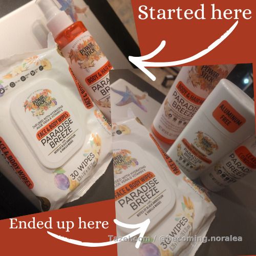 Power stick products rock! I am so excited to be enjoying deodorant, leave in conditioner, body wipes and spray in the same delicious scent. The paradise breeze has a hard to place aroma... Like sun block, heat and sexiness. I also love the coastal garden and Brazilian Mist, but I will review them later. The deoderant ia aluminum free, smells just like the other products and works all day into the next in the cold winter months for me. We will see in the summer!