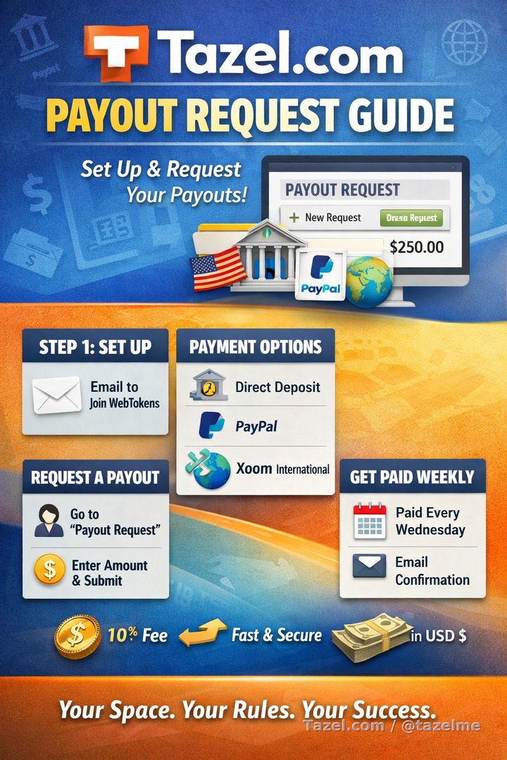 Tazel.com Payout Request Guide

At Tazel.com, payouts are handled through the WebTokens platform. WebTokens manages all financial transactions for Tazel.com securely and confidentially.

Step 1: Set Up Your Payment Account
Before you can request a payout, you must first set up a payment account with WebTokens.

We’ve made the process simple. Just send an email to lesterlinden@tazelme.com requesting setup of your WebTokens payment account.

Your Tazel.com email address will be used to create your account. Once your account is set up, you will be assigned a WebTokens payment account number, and that number will be entered into your Tazel.com payment information.

Available Payment Methods
USA
Direct Deposit for creators with a U.S. bank account
PayPal
International
Xoom (a PayPal international payment service)
Fees
There are no fees for direct deposit into a U.S. bank account.

PayPal and Xoom may charge payment fees, which are automatically deducted by them from your payment. All payouts are made in U.S. Dollars (USD). PayPal and Xoom may also apply a currency exchange fee.

In addition, a 10% WebTokens payment processing fee applies to all payout requests.

Changing Your Payment Method
Your payment method can be changed at any time by sending an email to support@tazelme.com.

Please allow up to 5 business days for payment method changes to be processed.

How to Request a Payout
Payouts are processed weekly. Payout requests must be received by Midnight (Pacific Time) on Tuesday. All payouts are processed on Wednesdays before 5:00 PM (Eastern Time).

Your Tazel.com account must be in good standing for a payout to be processed.

Go to your profile navigation menu.
Select More.
Click Payout Request.
A window will open showing your Primary Balance.
Click the + New Request button.
Enter your payout amount.
Click Request.
Once submitted, your payout request will show as In Processing until it has been accepted. Once accepted, the status will update to Paid.

When your payout is processed, you will receive an email confirmation showing your payment method and amount.

Things to Be Aware Of
Primary Balance is the total amount of your earnings that have not yet been paid out.

When you request a payout, the following deductions may apply:

WebTokens payment processing fee: 10% (applies to all accounts)
Agent / Producer fee: applies only to creators working with an Agent and/or Producer
Platform subscription fee: some platform fees may be collected through the payout process
Fees Outside of Tazel.com
Direct Deposit: No fee for U.S. bank accounts
PayPal / Xoom: May charge transaction fees and currency conversion fees
All payments are issued in USD ($).

Questions or Concerns?
If you have any questions or concerns about payout requests or payments, email lesterlinden@tazelme.com.

The most current version of this information can be found at https://tazelme.com/payout-request-guide/