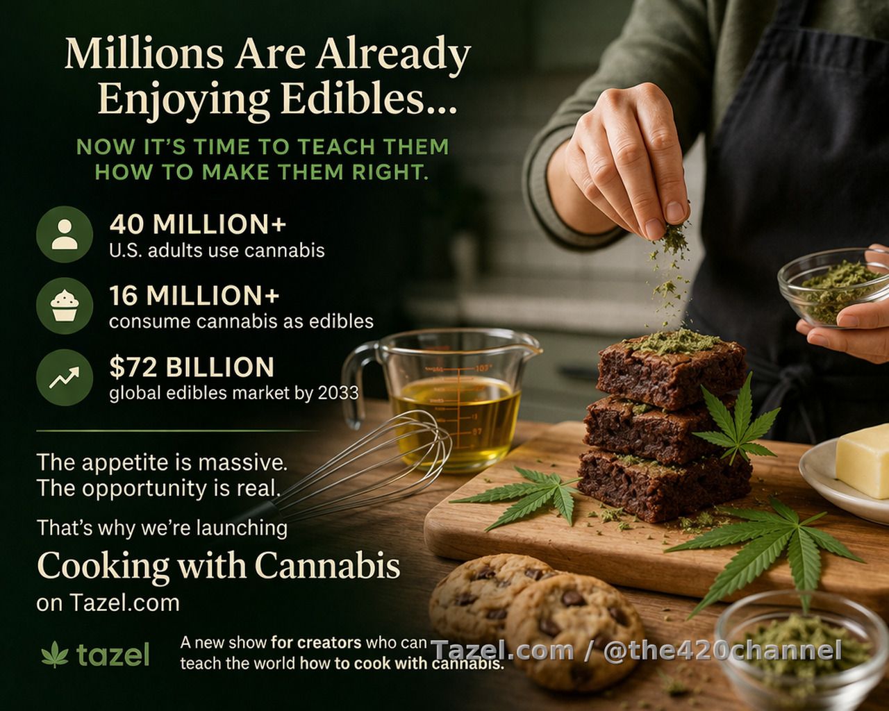 Cooking with Cannabis on Tazel.com: Monetize Your Culinary Niche with 100% of Sales
Do you love experimenting in the kitchen with cannabis?
Are you the go-to edible chef in your friend group? Want to turn your passion into income and your creativity into a cannabis-infused brand?

Tazel.com is looking for cannabis-loving cooks to host and monetize their very own show, Cooking with Cannabis — a live and on-demand content series where you keep 100% of what you earn.

🎥 Produce & Monetize Cooking Episodes
Record full-length or short-format cooking videos: desserts, oils, meals, drinks
Sell each episode via pay-per-view or bundle them for members
Upload teasers to social media, direct traffic to your Tazel profile
💰 Launch Your Membership Club
Offer tiers with benefits like: exclusive recipe access, bonus clips, and Q&A livestreams
Lock in recurring monthly income from your biggest fans
🧾 Sell Downloadables & Digital Recipes
PDF guides: “Intro to Infusions”, “Holiday Edibles”, or “CBD Meal Prep”
Ingredient breakdowns with affiliate links
Branded meal plans, shopping lists, or dosing journals
🎙️ Host Live Cooking Sessions
Stream a themed workshop like “420 Brunch”, “High Desserts”, or “Infusion Basics”
Earn live tips, ticket sales, or use tokens to unlock features
🧑‍🍳 Who Should Apply?
You live in a cannabis-legal region
You love to educate, entertain, and experiment in the kitchen
You want to grow a fanbase and monetize your niche
📈 Market Snapshot: The Audience Is Already Here
✔️ Over 15% of U.S. adults (≈40 million) use cannabis regularly
✔️ ~41% of those consume cannabis as food → 16M+ edible users
✔️ Estimated 2–8 million are interested in learning to cook with cannabis
✔️ The global edibles market is projected to hit $72B by 2033

This is a fast-growing opportunity in an underserved niche. With the right host and content, this show could attract thousands of viewers and loyal paying members.

📦 Your Monetization Stack on Tazel
Feature	How You Get Paid
Pay-Per-View Videos	Sell cooking episodes, single dishes, or series
Monthly Memberships	Unlock access to exclusive content for subscribers
Livestreams & Classes	Charge entry, receive live tips
Digital Recipe Packs	Sell eBooks, PDFs, and branded meal plans
Affiliate Traffic	Fans share your link, earn, and grow your brand
Merchandise	Launch aprons, tools, or infused kitchen kits
💵 Revenue Estimate Example
Membership Model: $15/month subscription × 3,000 members = $45,000/month

PPV Episodes: 1 new episode per month × $10 × 2,000 views = $20,000/month

Total Monthly Gross: $65,000

Annual Potential: ~$780,000/year (if subscriber and PPV numbers stay steady or grow)

This is real income potential – with just a few thousand loyal fans.

Cooking with Cannabis on Tazel.com
📩 Want to Host Your Own Show?
Email a producer and share your concept, sample recipe, or short intro video. Let us know what you want to bring to the table.

LesterLinden@Tazelme.com
HelenHendricks@Tazelme.com
EdnaEshelman@Tazelme.com
Let’s build something unforgettable.
Your kitchen. Your vibe. Your audience.

Cooking with Cannabis — only on Tazel.com


