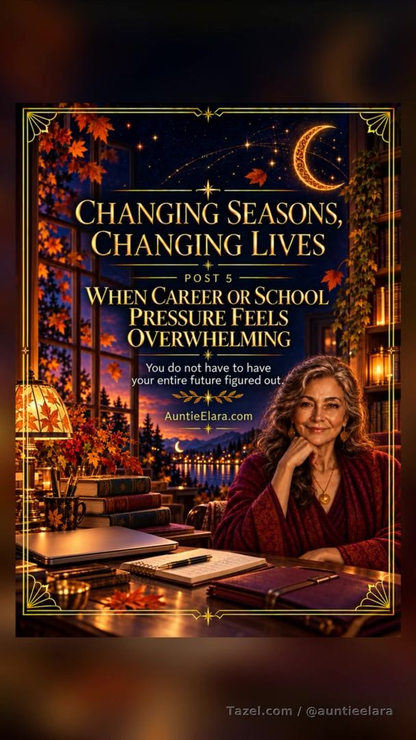 # Changing Seasons, Changing Lives — Post 5

## When Career or School Pressure Feels Overwhelming

Fall often brings a sudden increase in expectations.

New classes begin. Assignments and exams start appearing on the calendar. Work becomes busier, deadlines approach, and conversations about promotions, performance, or year-end goals become more serious.

Everyone seems to be asking what you are accomplishing, where you are going, and what comes next.

When that pressure builds, it can feel as though your entire future depends on every decision you make today.

You may worry that you chose the wrong major, accepted the wrong job, missed an opportunity, or are not progressing quickly enough. You may be working harder than ever while quietly wondering whether you are capable of keeping up.

Please remember: **your worth is not measured by a grade, job title, salary, promotion, or productivity report.**

What you do matters, but it is not all that you are.

### Focus on the next step—not the entire future

When you look at everything at once, even manageable responsibilities can feel impossible.

Instead of asking, “How will I get through this semester?” or “What am I going to do with my career?” ask:

> “What is the most important thing I can do today?”

Complete one assignment. Answer one email. Prepare for one meeting. Update one section of your résumé. Research one opportunity.

You do not need to solve your entire future before bedtime.

### Separate pressure from purpose

Sometimes we pursue a path because it genuinely matters to us. Other times, we are trying to meet expectations created by family, teachers, employers, friends, or society.

Pause and ask yourself:

> “Am I working toward something I truly want—or am I afraid of disappointing someone?”

There is nothing wrong with changing direction when a path no longer fits the person you are becoming. Reconsidering your plans is not failure. It is a sign that you are paying attention to your life.

### Ask for support before you reach your breaking point

You do not have to prove your strength by struggling alone.

Speak with a teacher, academic adviser, supervisor, mentor, trusted friend, or family member. Ask for clarification, guidance, additional time, or help deciding what can wait.

Reaching out does not mean you are incapable. It means you recognize that difficult seasons are easier to navigate with support.

### Protect the person doing the work

Rest is not a reward reserved for when everything is finished. There will always be another task waiting.

Eat something nourishing. Step away from the screen. Go outside. Sleep. Spend time with someone who helps you remember that you are more than your responsibilities.

You cannot build a meaningful future by exhausting yourself in the present.

### Give yourself permission to learn

You are not expected to know everything when you are still becoming.

A mistake does not mean you are unqualified. A disappointing grade does not determine your intelligence. A difficult day at work does not define your ability. A rejection does not mean the right opportunity will never come.

You are allowed to learn, adjust, and try again.

Your career or education is one chapter of your life—not the complete story.

Do what you can today. Ask for help when you need it. Rest without guilt. Trust that clarity often arrives one step at a time.

You do not have to have your entire future figured out.

You only need enough courage to take the next honest step.

— **Auntie Elara**

*When life gets complicated, you do not have to face it alone.*

