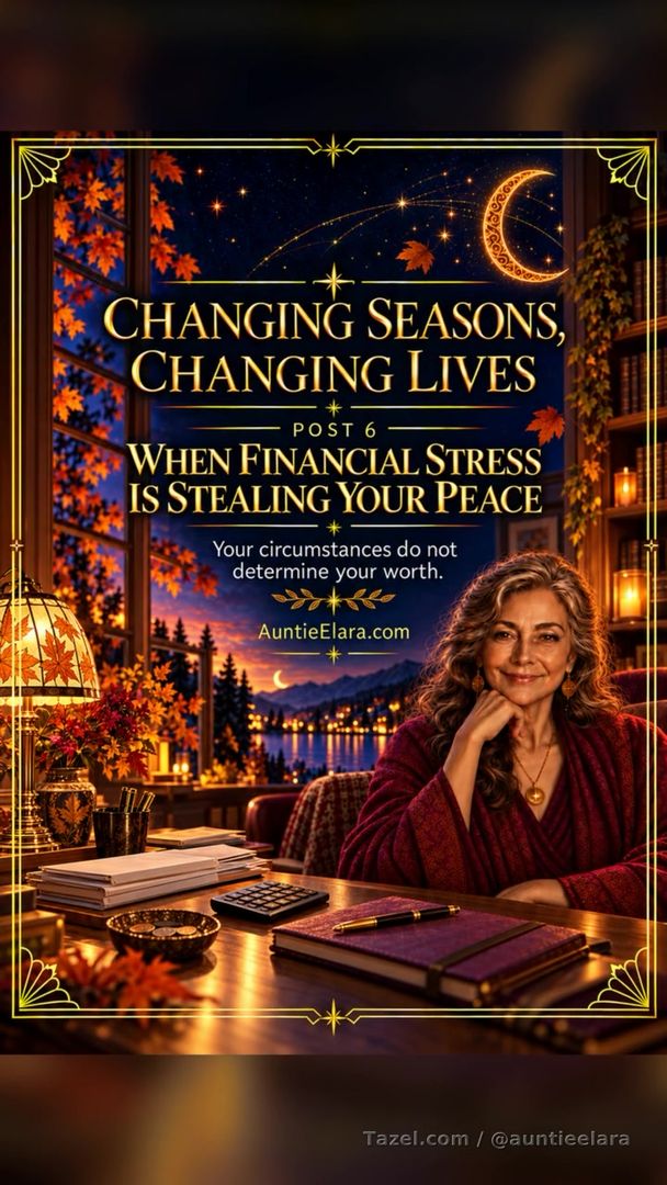 # Changing Seasons, Changing Lives — Post 6  

## When Financial Stress Is Stealing Your Peace

As the year moves into its final months, money worries can become especially difficult to ignore.

Heating bills begin to rise. Holiday expenses appear on the horizon. School costs, groceries, rent, debt, and unexpected emergencies can leave you wondering how everything will be paid.

You may lie awake replaying numbers in your mind. You may avoid checking your bank balance because you are afraid of what you will see. You may feel embarrassed when others seem able to spend freely while you are quietly struggling.

If money has been weighing heavily on your heart, please remember: **financial difficulty is a circumstance—not a measure of your worth.**

Your bank balance does not determine your intelligence, character, generosity, or value as a person.

### Face the situation gently

Avoiding financial concerns may bring temporary relief, but uncertainty often creates even more anxiety.

Choose a quiet moment to look honestly at what is coming in, what must go out, and which expenses need attention first. You do not have to solve everything at once.

Begin with one question:

> “What is the most important financial step I can take today?”

It might be reviewing a bill, canceling an unused subscription, contacting a creditor, creating a simple spending plan, or asking someone knowledgeable for help.

One honest step can begin replacing fear with clarity.

### Focus on what you can control

You cannot control every price increase, unexpected expense, or change in income. You can decide how you respond today.

Concentrate on your immediate needs and the choices currently available to you. Small adjustments may not fix everything, but they can help you feel less powerless.

Progress may begin with a single phone call, one postponed purchase, or a few dollars set aside.

### Release the shame

Many people experience financial stress, even when their lives appear comfortable from the outside.

There is no shame in needing assistance, changing your plans, saying no to an expense, or admitting that something is not affordable right now.

You do not owe anyone the appearance of financial success.

### Do not let the season pressure you into spending

The coming months often carry expectations involving gifts, travel, parties, decorations, and perfect celebrations.

Love is not measured by the amount of money you spend.

A thoughtful note, shared meal, phone call, homemade gift, or quiet moment together can carry more meaning than something purchased out of guilt or obligation.

Protect your peace by celebrating within your means.

### Ask for practical support

If your financial situation feels unmanageable, consider speaking with a reputable financial professional, nonprofit credit counselor, community organization, or someone you trust.

Auntie Elara can help you explore the emotions, fears, relationships, and life choices surrounding money—but important financial decisions should be made with qualified professional guidance.

Money problems can make the future feel frightening, but today’s circumstances are not necessarily permanent.

Take one step. Ask one question. Make one thoughtful choice.

You do not need to solve your entire financial future tonight.

You only need to begin where you are, with what you have, and treat yourself with compassion along the way.

— **Auntie Elara**

*When life gets complicated, you do not have to face it alone.*

**AuntieElara.com**

