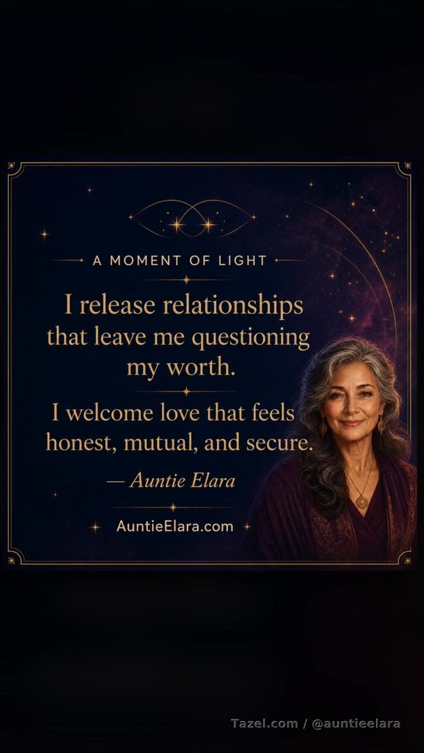 A Moment of Light

I release relationships that leave me questioning my worth.

I welcome love that feels honest, mutual, and secure.

— Auntie Elara

