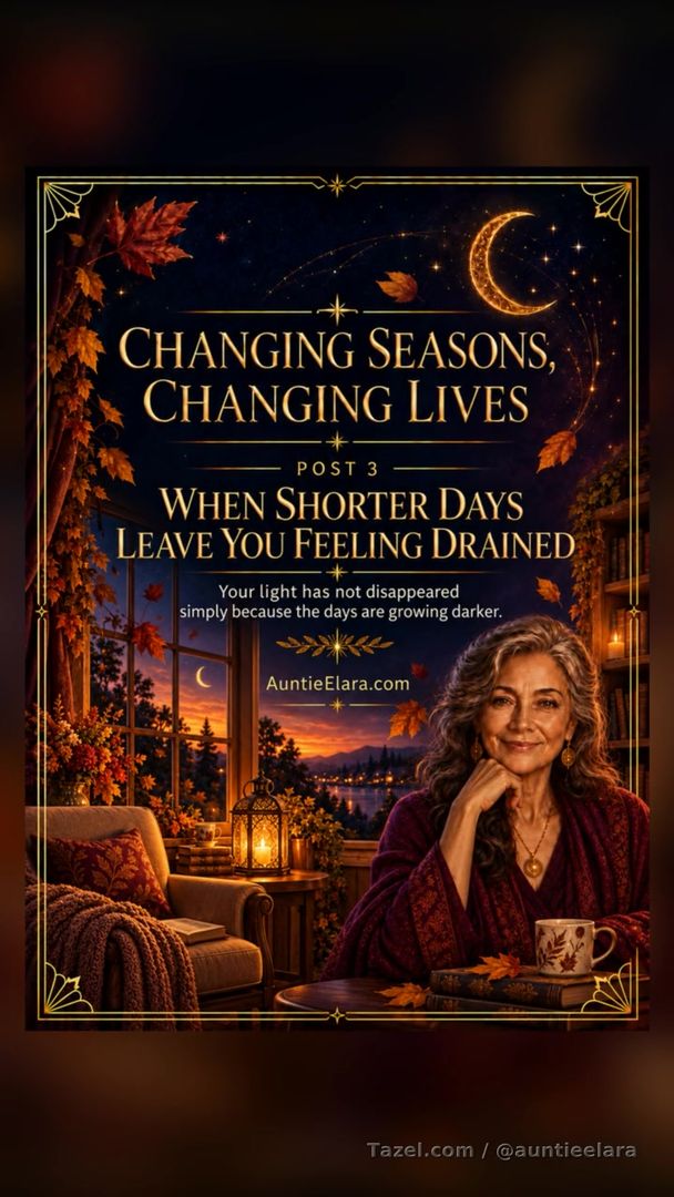 When Shorter Days Leave You Feeling Drained.

As the days grow shorter and the evenings arrive earlier, you may notice that your energy begins to change too.

Getting out of bed may feel harder. You may struggle to stay motivated, become tired earlier, or feel less interested in activities you normally enjoy. Even simple responsibilities can seem heavier than they did during the bright days of summer.

If this sounds familiar, please remember: **you are not lazy, weak, or failing.**

Our minds and bodies naturally respond to changes in daylight, temperature, sleep patterns, and daily routines. The world around us is slowing down, and you may feel as though you are slowing down with it.

Instead of criticizing yourself, try meeting this season with patience and care.

Let the light in

Open your curtains when you wake up. Spend a little time outdoors during daylight—even if it is only a short walk or a few quiet moments on your porch. A small amount of fresh air and natural light can help you feel more awake and connected to the day.

Create something to look forward to

Summer brings its own excitement, but fall can offer different kinds of joy. Plan a comforting meal, call someone you love, visit a favorite place, begin a creative project, or make one evening each week feel special.

You do not need a major event on the calendar. Sometimes a small pleasure is enough to carry us through a difficult day.

Protect your energy

You may not have the same energy every day, and that is all right. Focus on what truly needs your attention and give yourself permission to postpone what does not.

Rest is not something you must earn. It is part of caring for yourself.

Keep a gentle rhythm

Try to maintain regular times for waking, eating, moving your body, and going to bed. Your routine does not have to be perfect. A few familiar anchors throughout the day can help you feel steadier when your motivation is low.

Most importantly, be careful about the way you speak to yourself. Replace “I should be doing more” with:

“I am doing what I can with the energy I have today.”

Seasonal changes can affect each of us differently. If sadness, exhaustion, sleep problems, or a loss of interest in life become persistent or difficult to manage, consider speaking with a qualified healthcare or mental-health professional. Asking for support is an act of strength.

This season does not require you to shine brightly every moment. Some days are meant for progress, while others are meant for rest, reflection, and renewal.

Be gentle with yourself. Your light has not disappeared simply because the days are growing darker.

Auntie Elara

*When life gets complicated, you do not have to face it alone.*

AuntieElara.com


