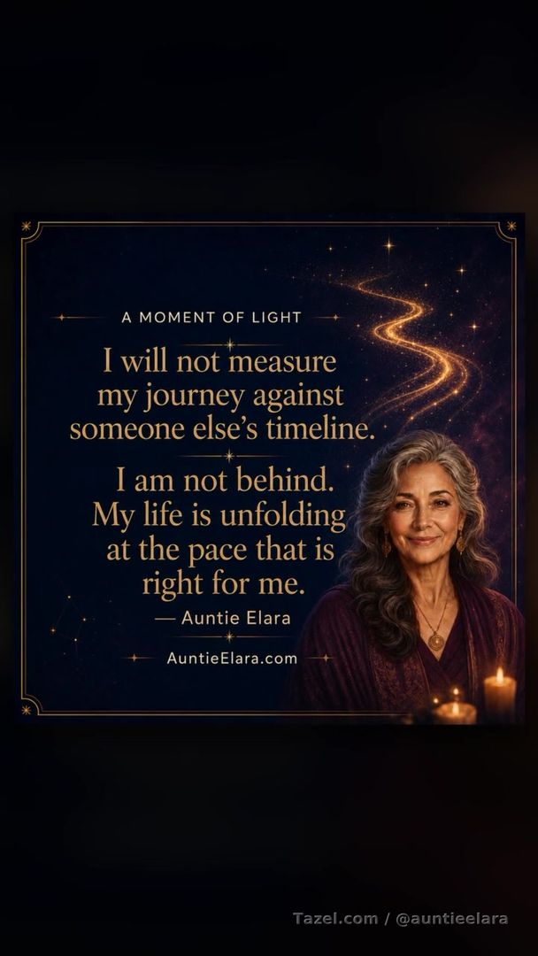 A Moment of Light

I will not measure my journey against someone else’s timeline.

I am not behind. My life is unfolding at the pace that is right for me.

— Auntie Elara

